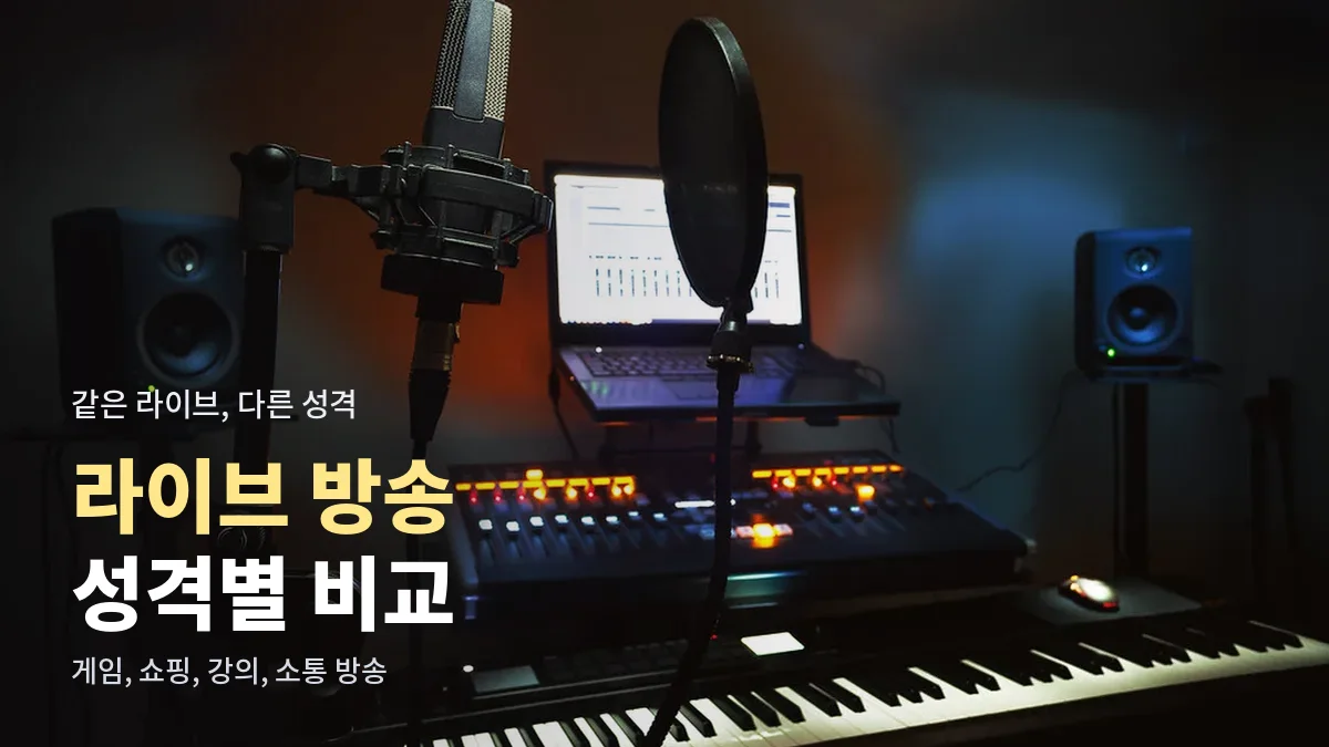 마이크와 건반, 모니터가 갖춰진 방송용 작업실